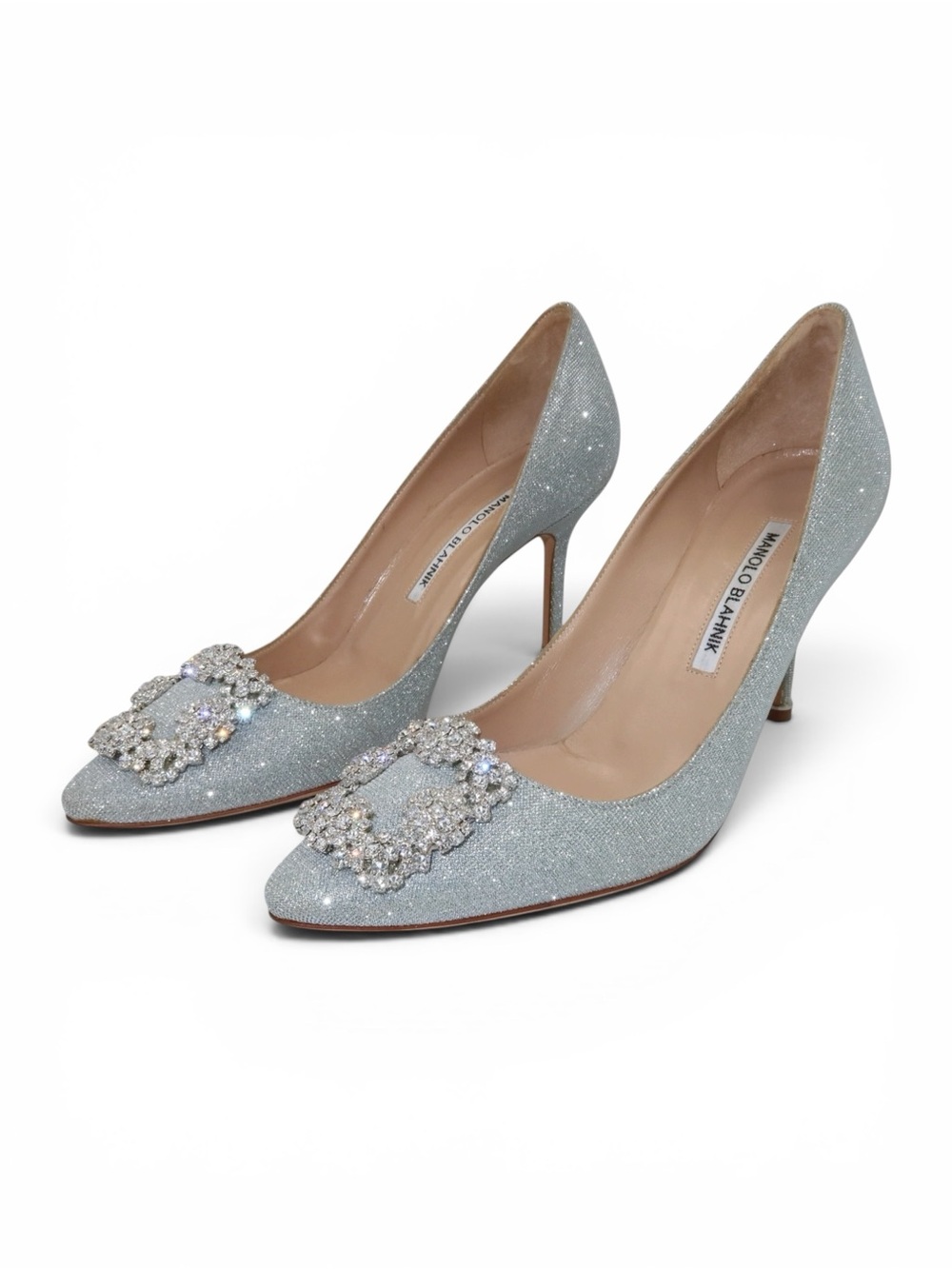 Manolo Blahnik Hangisi 90 mm Crystal Buckle Pumps Silver Glitter | EU 37.5